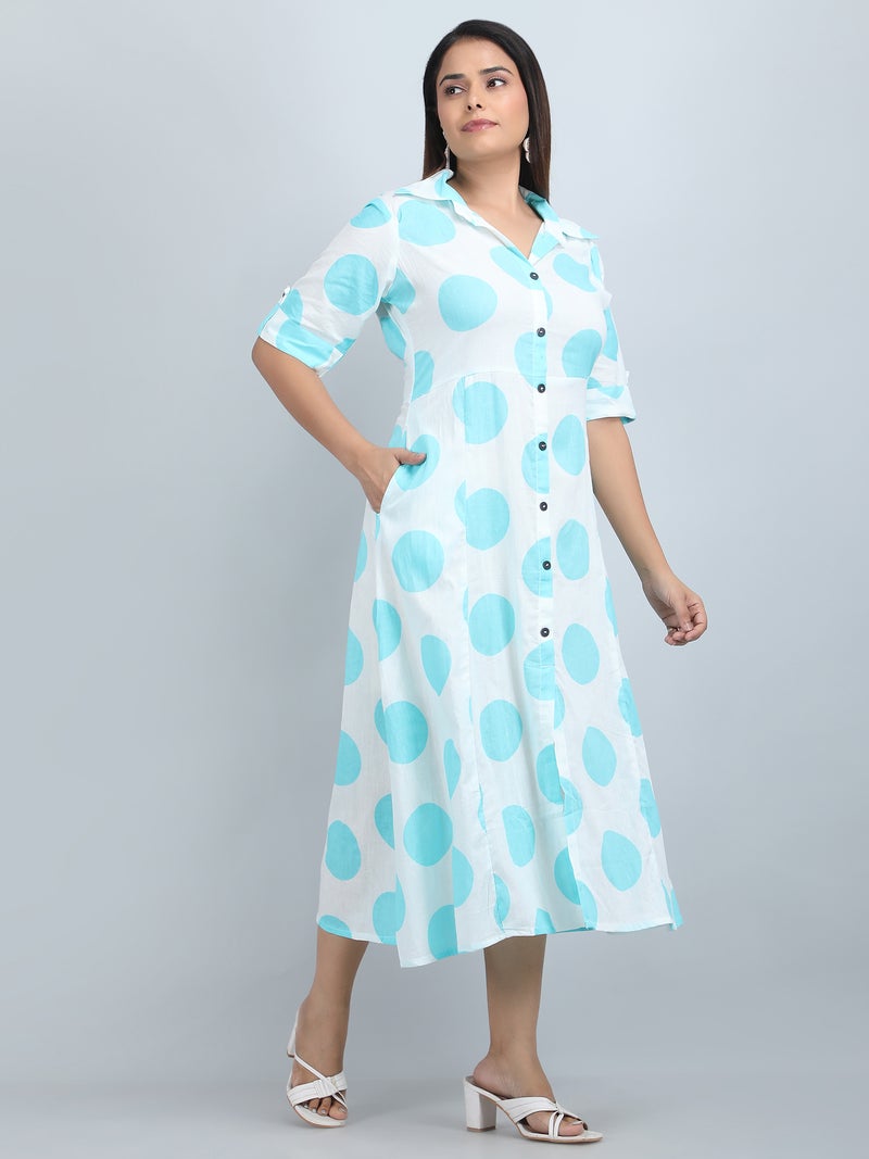 Shifory A-Line Printed Dress for Women, White and Aqua - Image 4